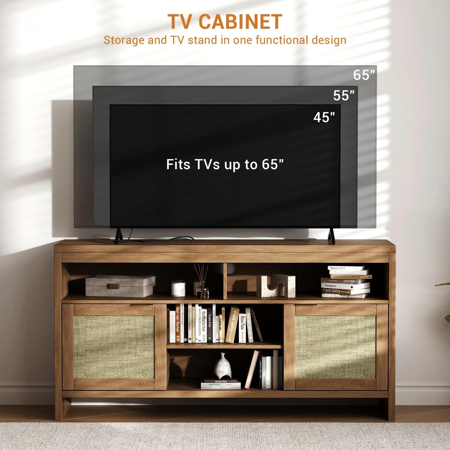 GarveeHome Boho TV Stand for TV Up to 65 in,58" Modern Rattan Entertainment Center with Storage and Adjustable Shelves,Wooden TV Console Cabinet with Doors for Living Room/Bedroom/Farmhouse(Brown)