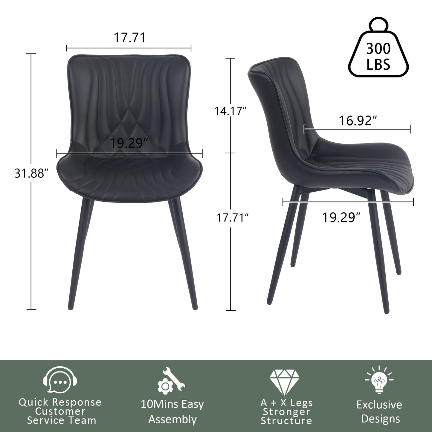 YOUTASTE Black Dining Chairs Set of 2 Mid Century Modern Kitchen&Dining Room Chairs Armless Upholstered Faux Leather Accent Chairs with Back Metal Vanity Lounge Side Chair for Living Room Bedroom
