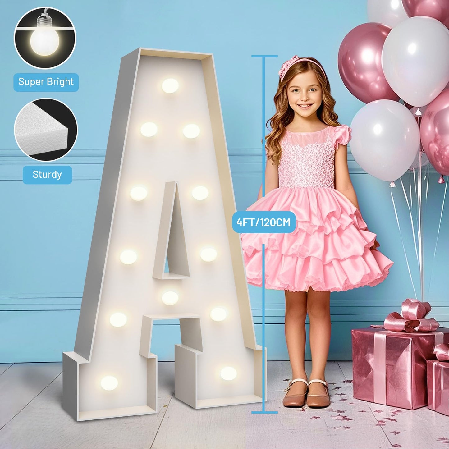 4FT Marquee Light Up Letters A,Party Decoration Large Marquee Letters with Weighted Water Bag,Pre-cut Foam Board Set Can Be Used for Birthdays,Weddings,Baby Anniversaries