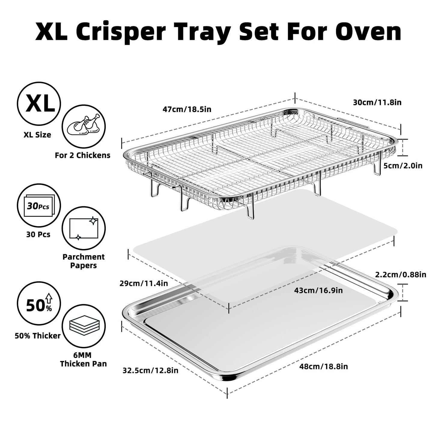 Air Fryer Basket for Oven, Extra Large 18.8" x 12.8" Oven Air Fryer Basket and Tray Set with 30 PCS Parchment Papers, Stainless Steel Air Fryer Pan and Crisper Tray (Silver)