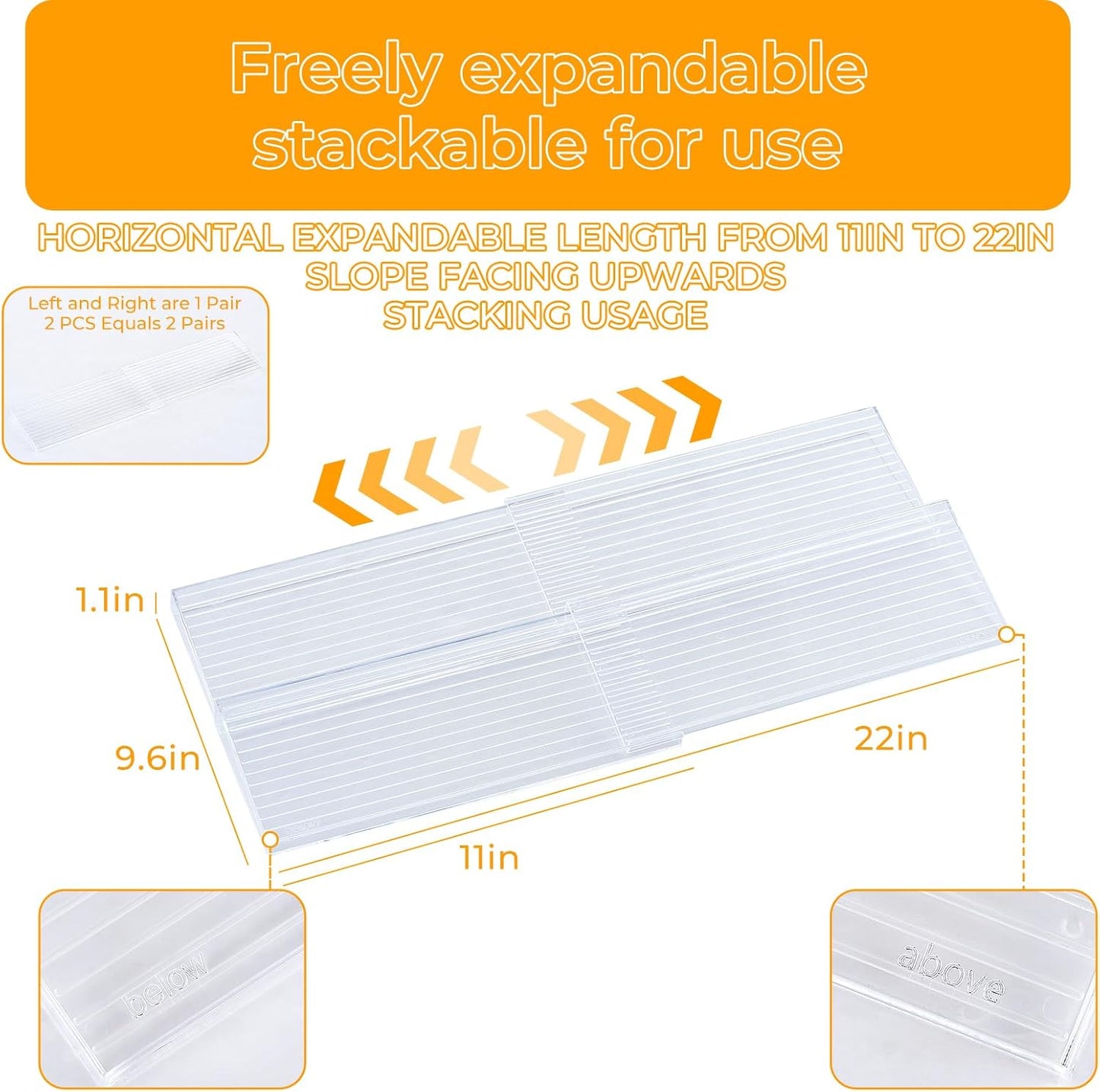 4 Tier(4 Packs), 11" 22" Acrylic Spice Drawer Organizer Expandable from to Seasoning Organizer Tray for Kitchen - Clear
