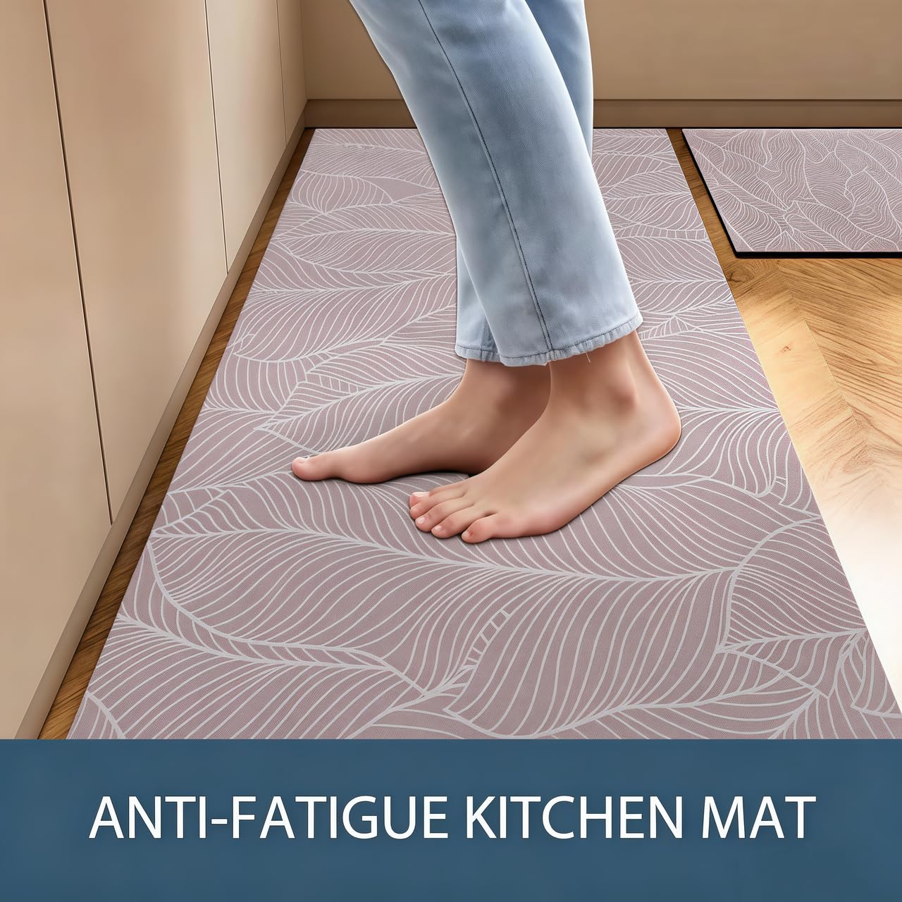 CHKYUZEN PVC Foam Anti Fatigue Printed Kitchen Mat and Rug, Foot Comfort, Anti Slip, Stain Release, Set of 2pcs (17"x30" & 17" x47), (2pc Set, Leaf Design)