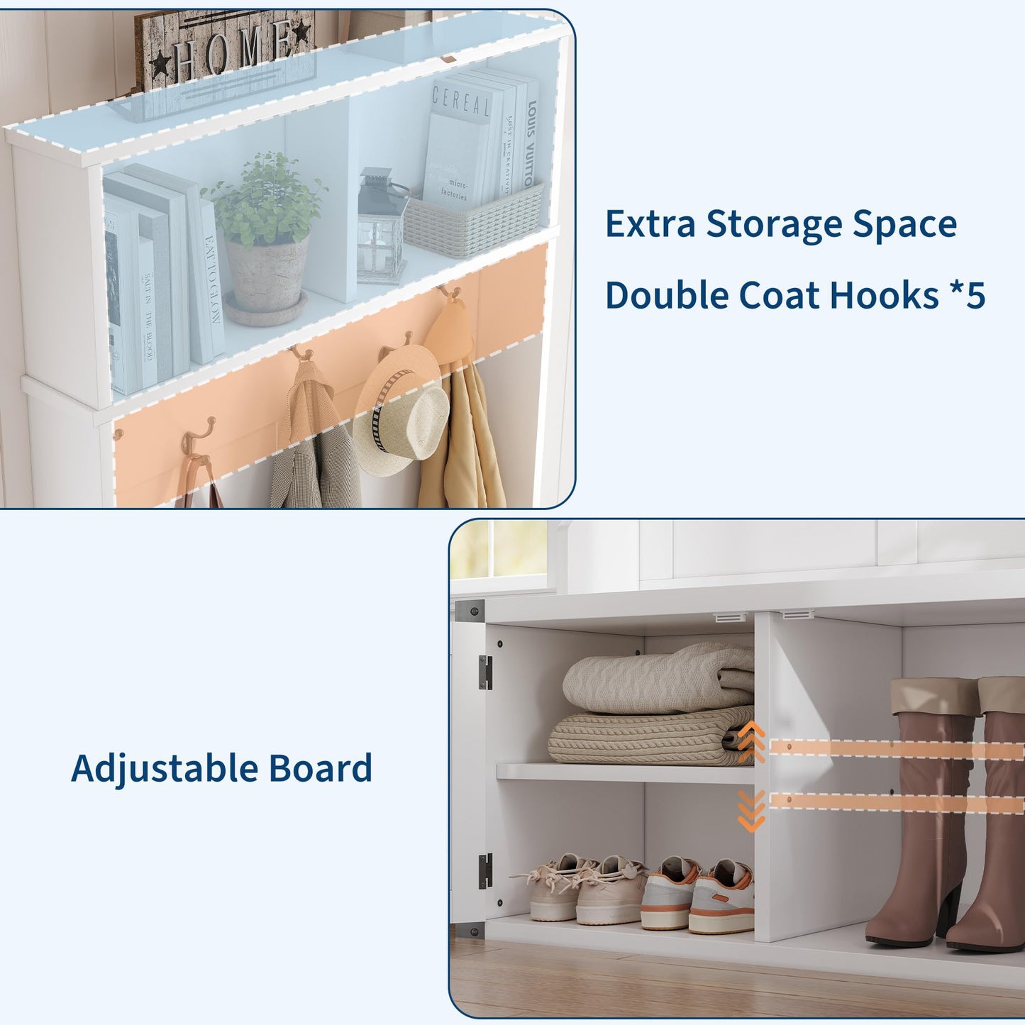 Garvee Farmhouse Hall Tree with Bench and Shoe Storage, 77" Tall Entryway Hall Tree w/ 5 Tri-Hooks Coat Rack, Mudroom Rack w/Bench & Door, Adjustable Shelf, 2 Top Cubbies Storage, Space Saving, White