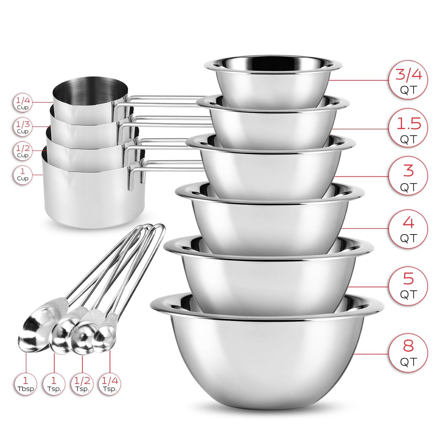 EATEX Stainless Steel Mixing Bowls with Measuring Cups & Spoons Set of 14 - Dishwasher Safe Nesting Mixing Bowl Set for Cooking, Baking & Meal Prep Non-Slip Premium Bowls