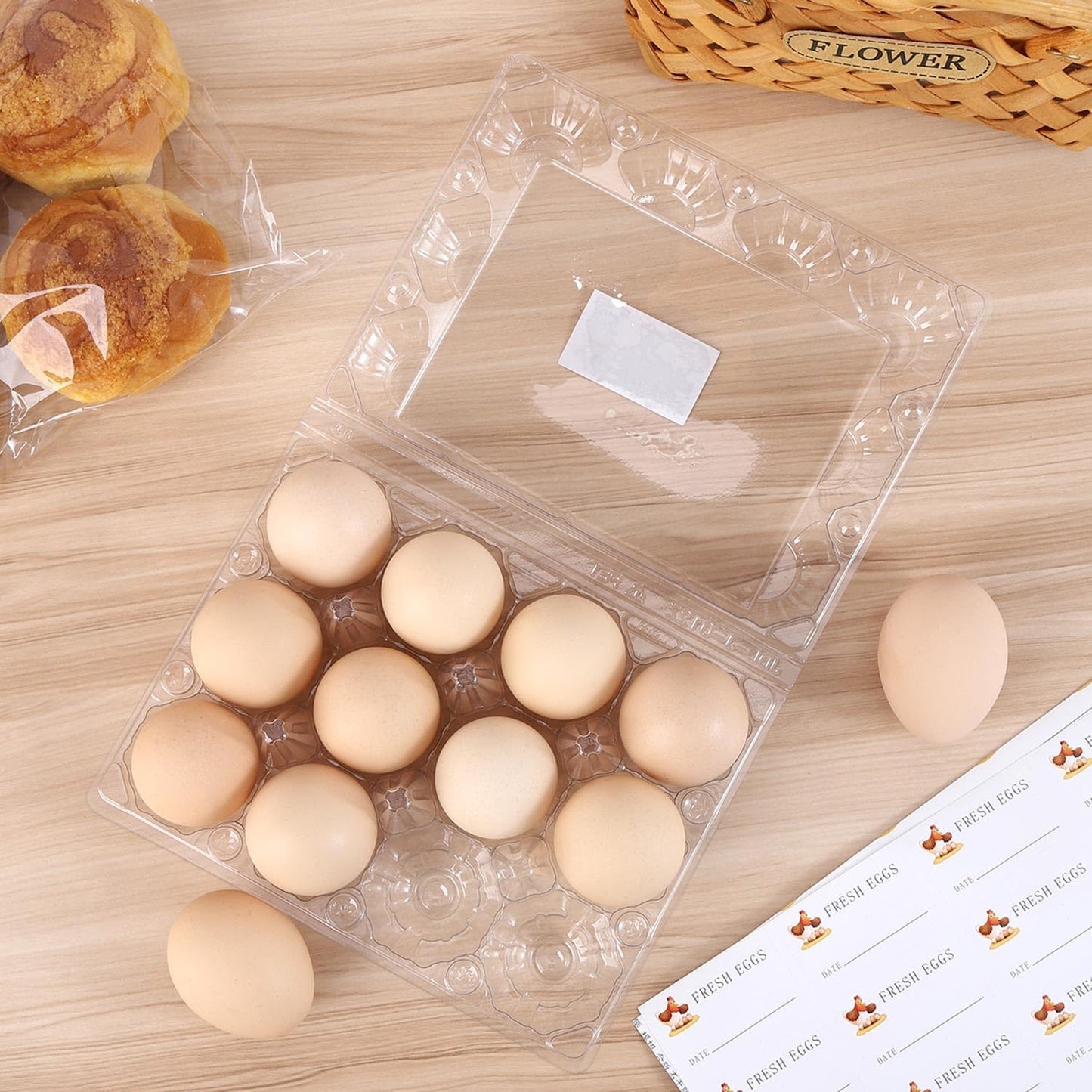 Egg Cartons 80 Pieces, Clear Plastic Reusable Egg Tray Container Holder for 12 Count Eggs, Bulk Storage with Sticker