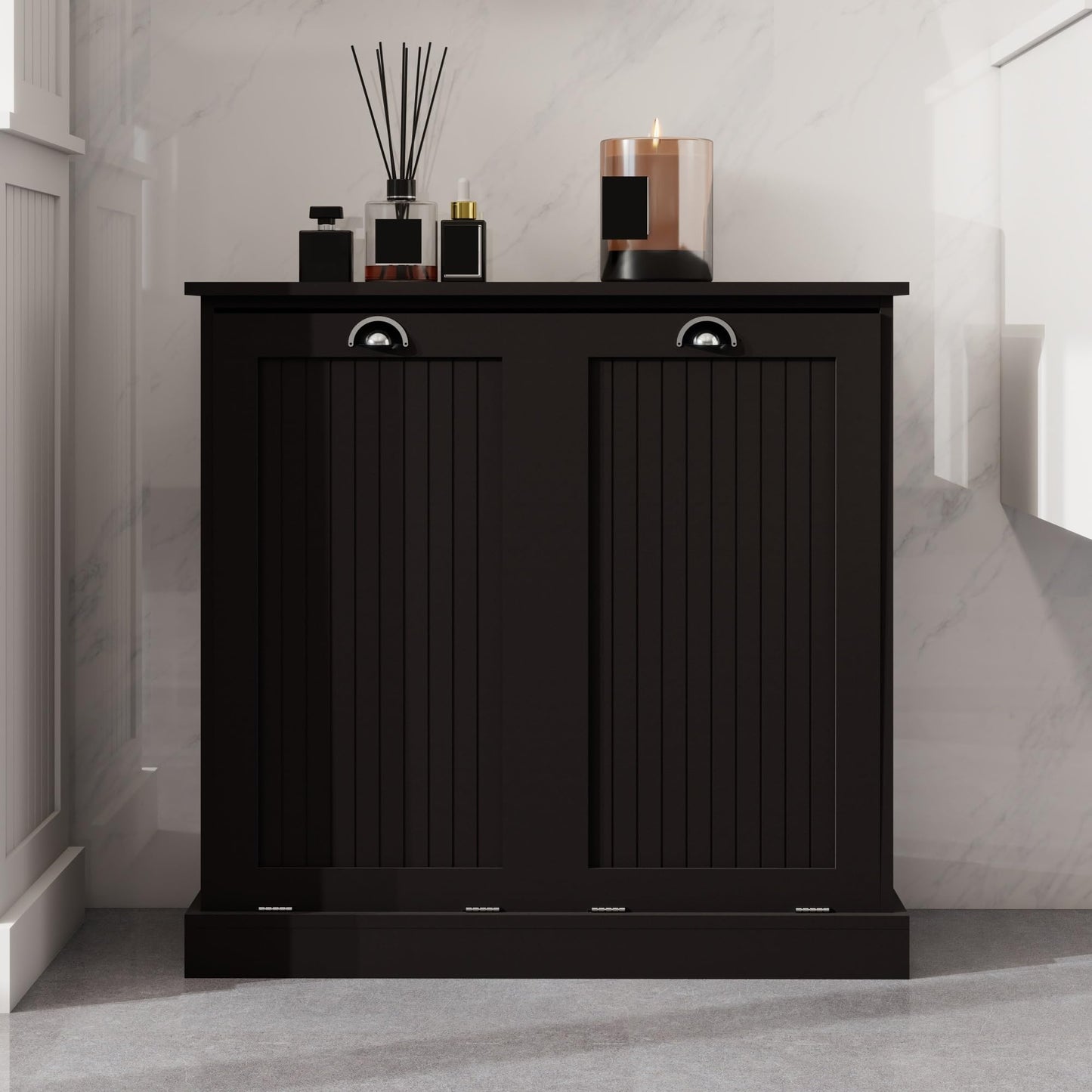 Contemporary Storage Cabinet, Two-Compartment Tilt-Out Laundry Sorter Cabinet, for Bathroom Hallway,for The Kitchen