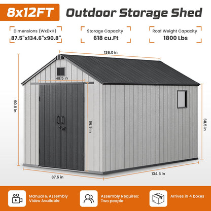 Jocoevol Outdoor Storage Shed, 8x12FT Resin Shed with Floor/Windows/Lockable Door/Vents, 15mm Thickened Heavy Duty All-Weather Garden Tool Shed for Backyard, Patio, Lawn, Gray