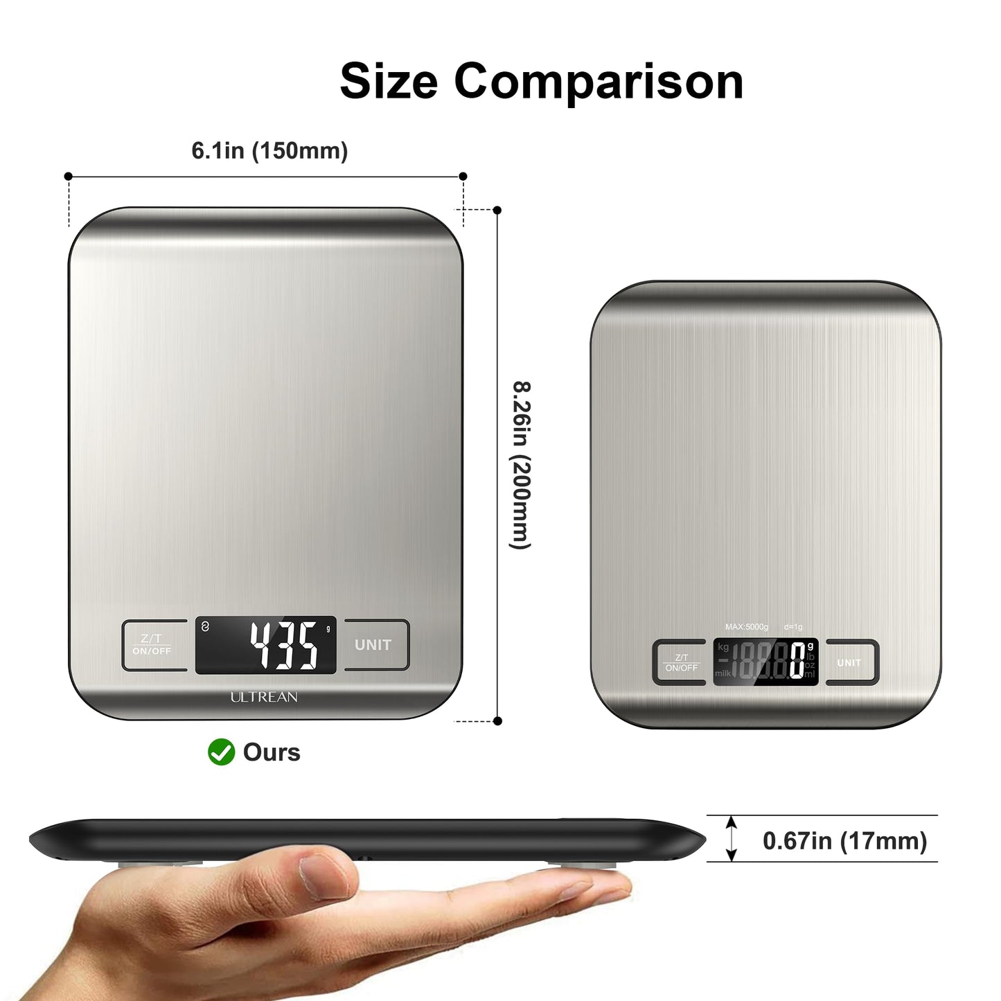 Ultrean Smart Food Kitchen Scale with Nutritional Calculator, App for Macro & Calorie Tracking, AI Scan, Digital Grams and Ounces for Weight Loss, Rechargeable, Stainless Steel, 33lb /15kg
