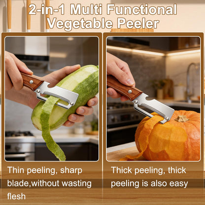Multi-Functional Vegetable Peeler for Kitchen, With Wooden Handle and Bottle Opener, Comfortable and non-slip handle Stainless Steel Blade Easy to Clean for Fruit Potato Pumpkin Papaya (2 PCS)