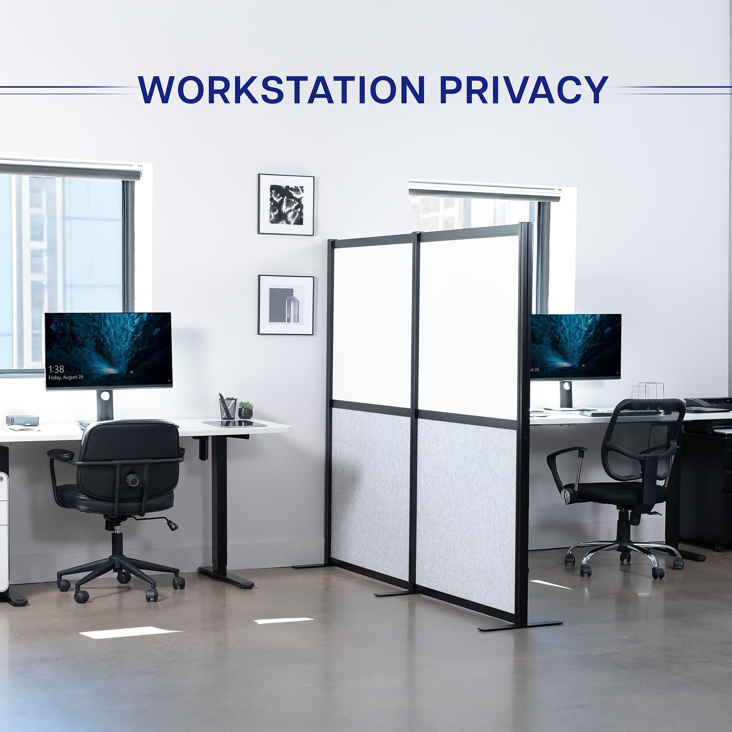 VIVO Modular Wall System, 2 PET Panels, Modern Professional Office Cubicle Dividers, Freestanding Privacy-Screen, 66 inches High, Light Gray, Black Frame, PP-MWS63B