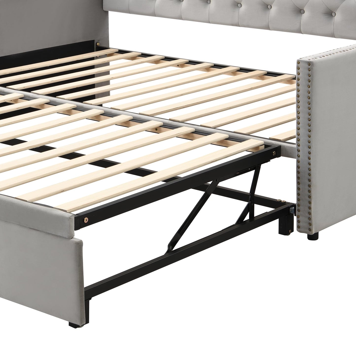 Twin Size Upholstered Daybed with Pop up Trundle,Velvet Day Bed Frame with Extendable Trundle,Twin to King Daybed,Tufted Sofa Bed for Bedroom,Living Room,Guest,Gray