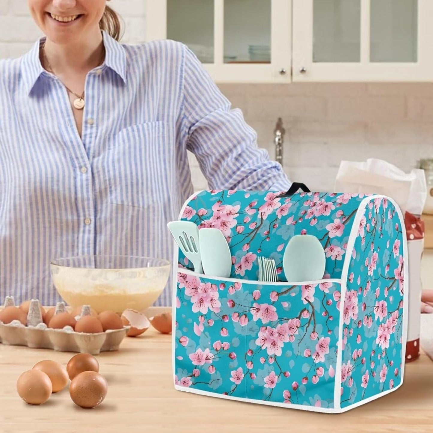 Dust Cover for Kitchen Aid Stand Mixer, Pink Oriental Cherry Cover with Top Handle and Pockets, Fits 4.5-5qt
