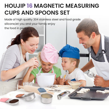Magnetic Measuring Cups and Spoons Set-Heavy Duty 304 Stainless Steel，Double Measurement Markings，Set of 16 with Leveler for Measure Dry and Liquid Ingredients