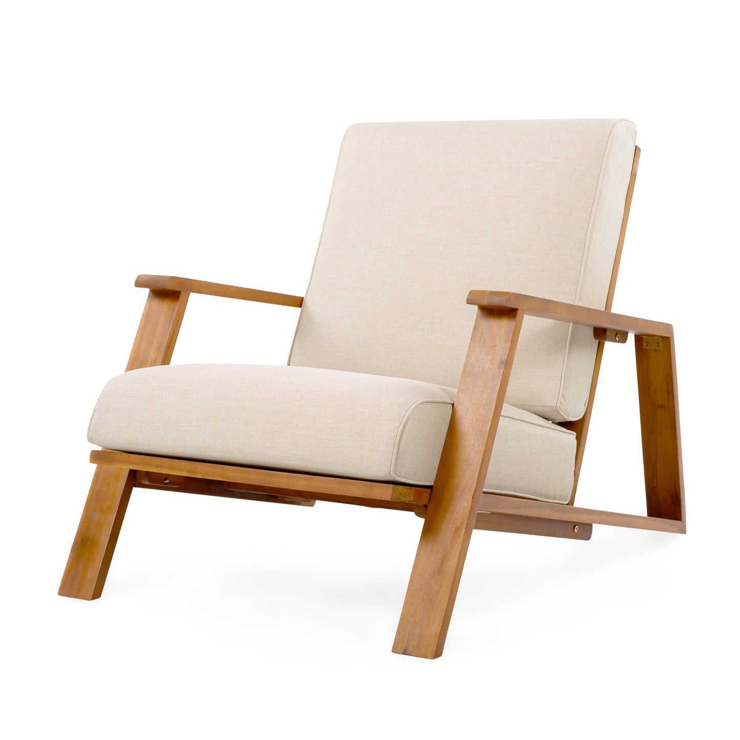 Christopher Knight Home Smeb Lounge Chair Outdoor with Cushions, Acacia Wood Adirondack Chair, Slatted Design Side Chair, Extra Seating for Balcony Backyard Poolside Garden, Teak + Beige