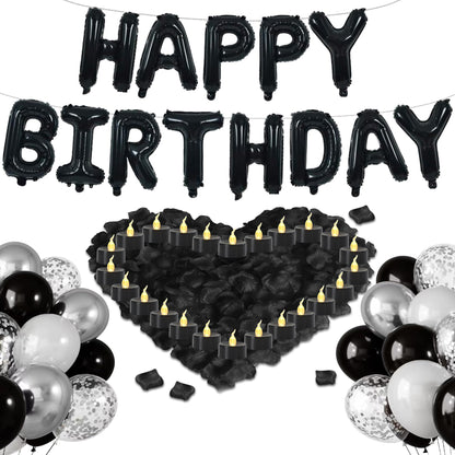 Birthday Decorations for Men - Black and Silver Birthday Decorations Include Letter Balloon Banner & Balloons & 1000 PCS Rose Petals & 24 Pack LED Tealight Candle, Black and Silver Party Supplies