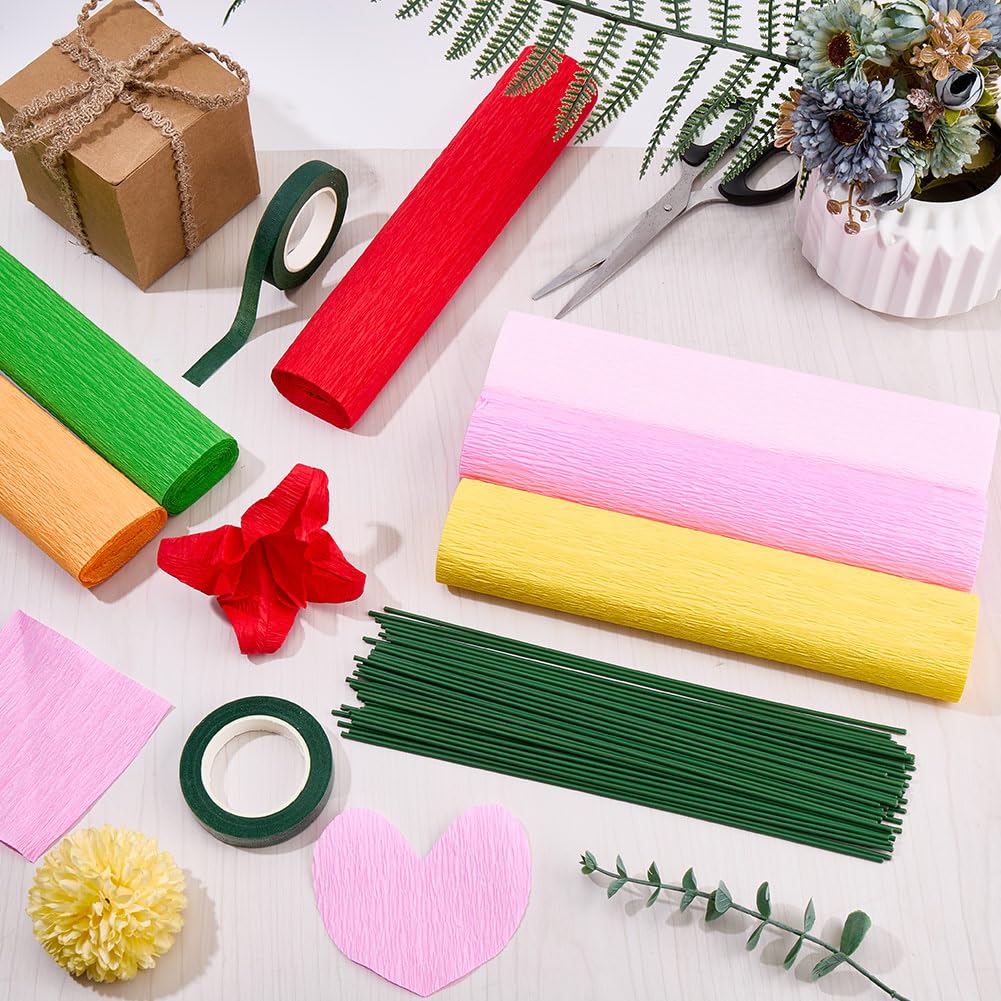 CRASPIRE 58Pcs Crepe Paper Flower DIY Kits Colourful Paper Crepe Paper Sheets 36M Green Tape 50Pcs Floral Iron Wire for Wedding Birthday Holiday Party Decor(9.84inx8.2ft/Roll)