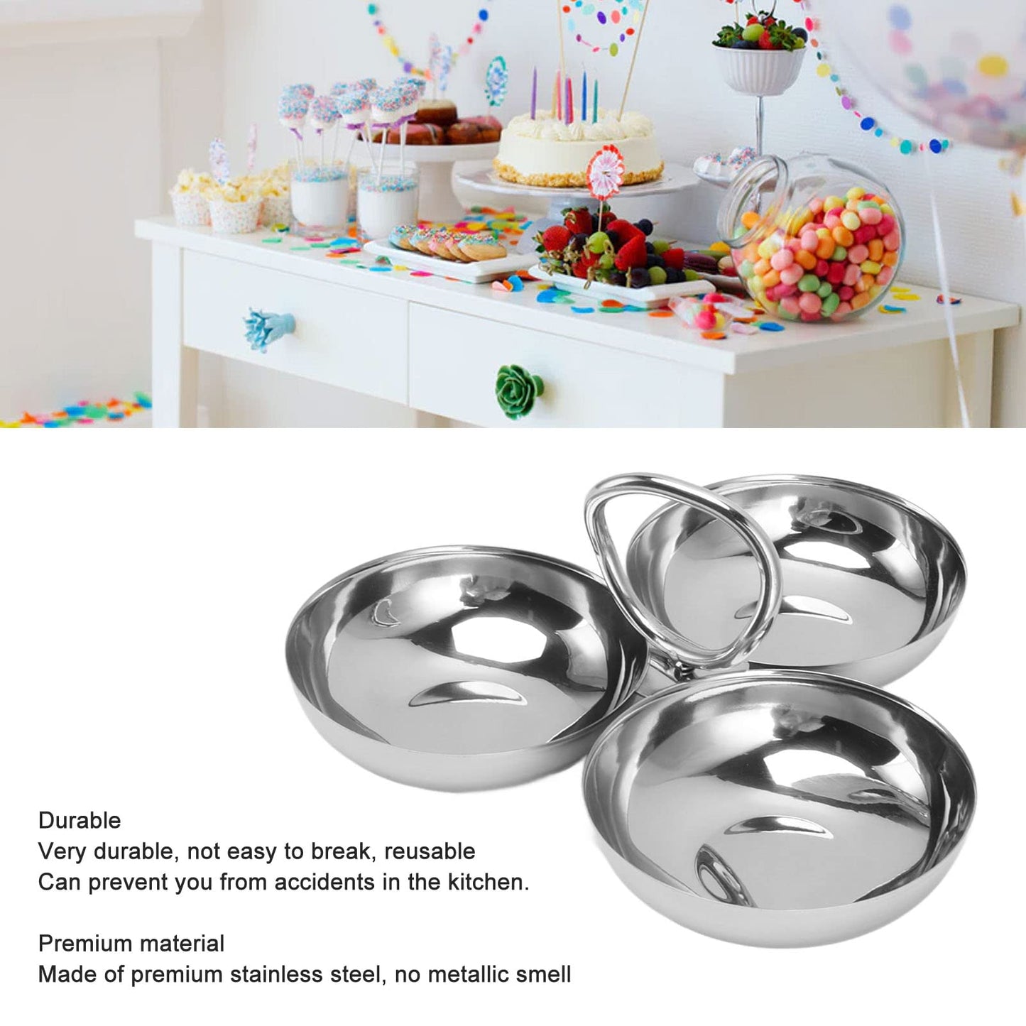 Fdit Snack Bowl Fruit Plate, 3 in 1 Portable 304 Stainless Steel Snack Plate for Candy for Home for Barbecue for Fruit (12)