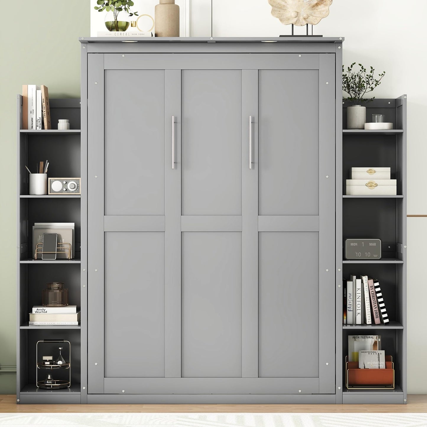 Merax Full Size Murphy Bed with 2 Five-Layer Cabinet, Modern Wall Bed with Shelves and LED Lights, Foldable Wood Platform Bed Folded into Cabinet for Guest Room, Home and Office, Grey