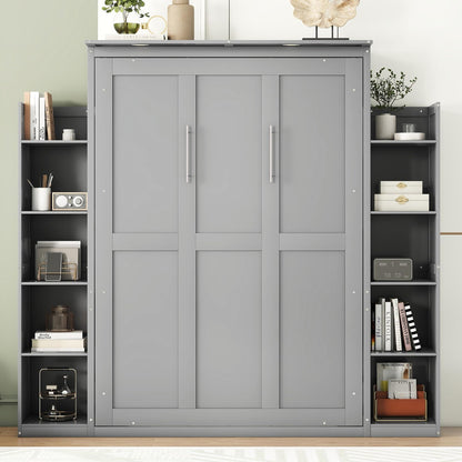 Merax Full Size Murphy Bed with 2 Five-Layer Cabinet, Modern Wall Bed with Shelves and LED Lights, Foldable Wood Platform Bed Folded into Cabinet for Guest Room, Home and Office, Grey
