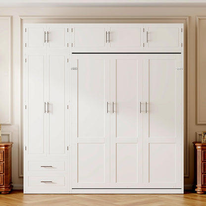 DNYN Murphy Bed Frame with Top Cabinets and Wardrobe for Bedroom/Guest Room/Home Office, Queen Size Foldable Wall Bed with Storage Drawers and Shelves, No Box Spring Needed