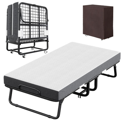 CAIYUN Folding Bed with Mattress and Storage Cover - 75"x38" Twin Size Frame, Portable Rollaway Guest Bed with 5-inch Memory Foam Mattress, Space-Saving Foldable Design for Easy Storage