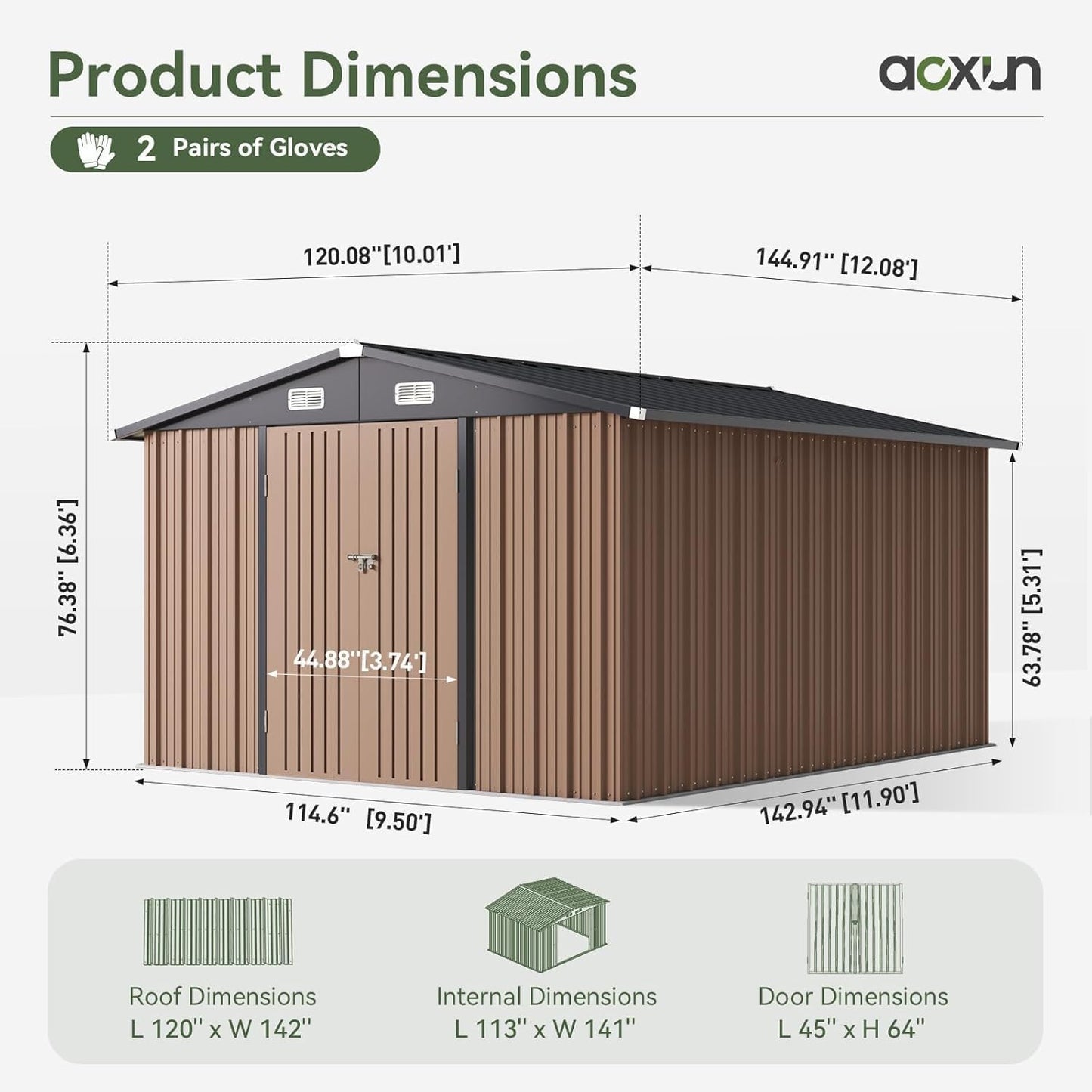 Aoxun 10 x 12FT Outdoor Storage Shed with Double Hinged Large Door Metal Sheds Outdoor Storage for Garden Utility Garden Shed with Lockable Door & Sloped Roof, Backyard, Patio and Backyard, Brown