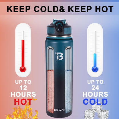TOPBADE 32oz Water Bottle Stainless Steel with Straw, Insulated Water Bottle with Paracord Handle & Spout Lids, Double Wall Sweat-Proof BPA-Free Metal Insulated Flask BLUE BLACK