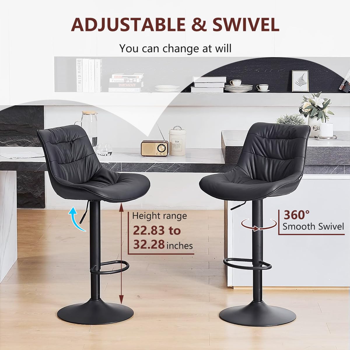 Kidol & Shellder Adjustable Bar Stools Set of 2, Faux Leather Counter Height BarStools with Back, Modern Mid Century Upholstered Bar stools for Kitchen Island Black