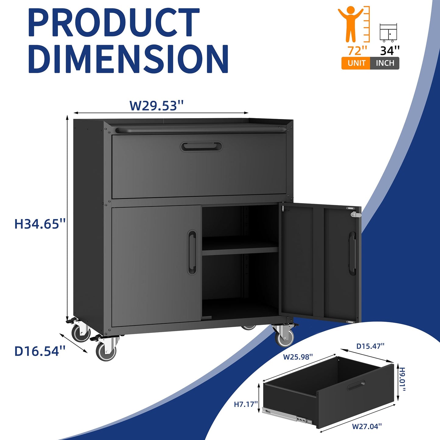 VIYET 2-Pack Rolling Garage Tool Cabinet,Heavy Duty Steel Rolling Tool Chest with Lockable Doors & Adjustable Shelves,Mobile Workshop Storage Cart for Garage Organization,Black