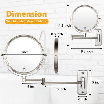 ALHAKIN 9" Wall Mounted Lighted Makeup Mirror, Large Rechargeable 1X/10X Magnifying Mirror with 3 Color Lights Dimmable, 360° Rotation, Nickel