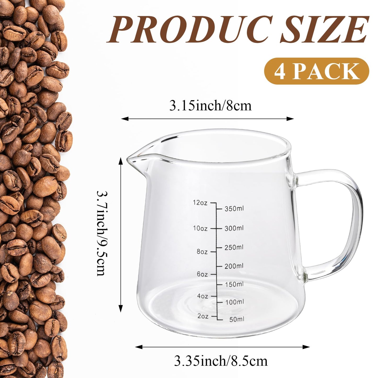 Milkary 4 Pack 12oz Coffee Measuring Glass Cups, Heat Resistant Espresso Shot Pitcher Glass Cup, Microwave & Dishwasher Safe Milk Frothing Pitcher Creamer Container