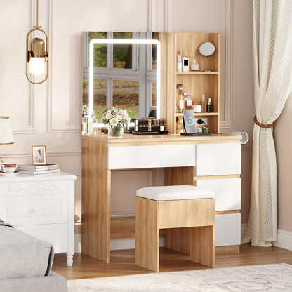 Vanity Desk with Mirror and LED Light, Vanity Desk with 4 Drawers, Power Outlet, Storage Stool, Open Shelves, Hairdryer Holder, Adjustable 3 Lighting Mode, Makeup Vanity Set for Bedroom, Wood Color
