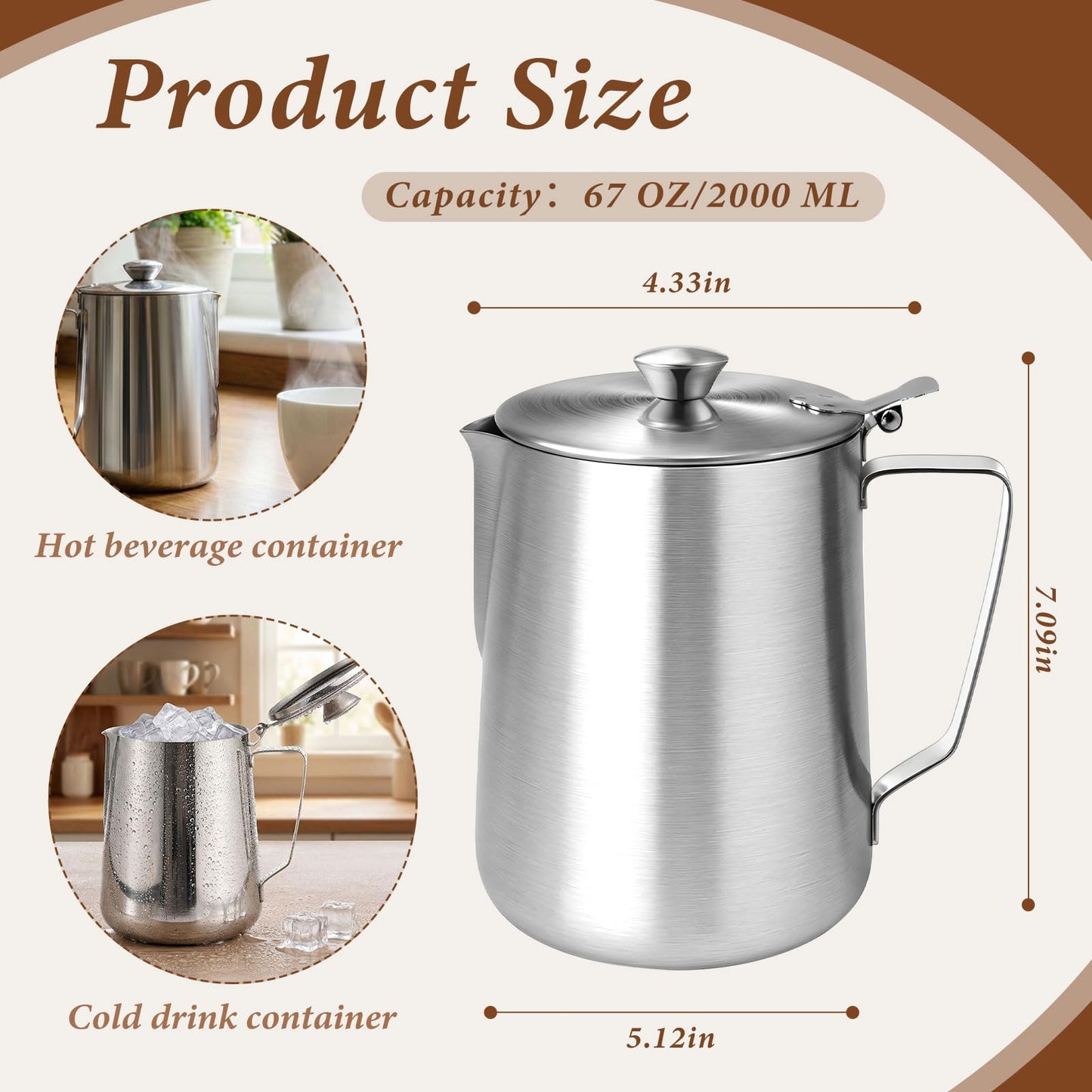Acellegic 2 Pcs 67 oz/ 2 L Stainless Steel Pitcher with Lid Large Capacity Stainless Steel Metal Water Pitcher with Handle Milk Frothing Jug for Coffee Iced/Hot Tea Latte Art Homemade Beverages