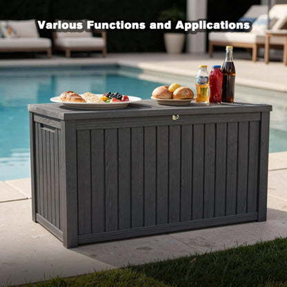 Large Outdoor Storage Deck Box, Resin Patio Container with Lockable Lid, Hydraulic Lift, Wood Texture Panels, Bench Table Function for Cushions Garden Tools Pool Gear Sports Equipment (180 Gallon)