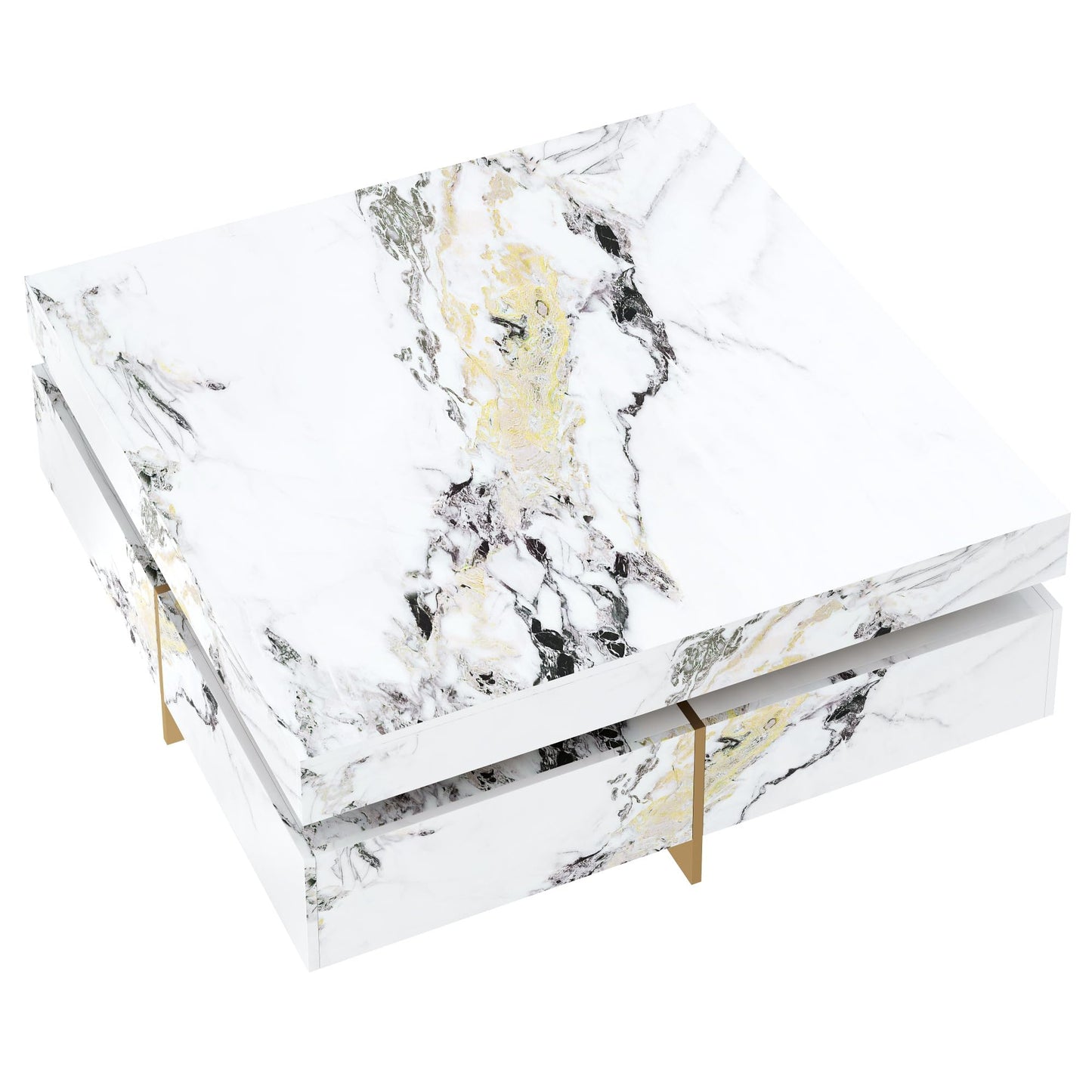 Merax 43.3 Inch Modern Large Square Coffee Table with Marble Textured Top, 4 Built-in Drawers Ample Storage and Floating Suspended Base, Modern Elegance White MDF Storage Center Table for Living Room
