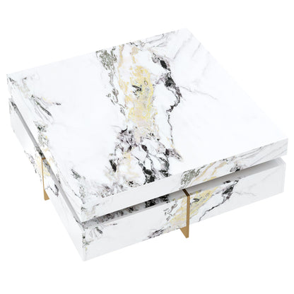 Merax 43.3 Inch Modern Large Square Coffee Table with Marble Textured Top, 4 Built-in Drawers Ample Storage and Floating Suspended Base, Modern Elegance White MDF Storage Center Table for Living Room