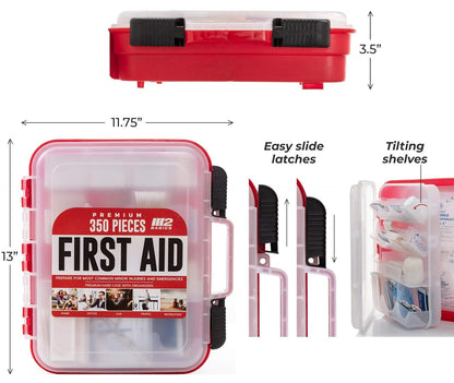 M2 BASICS Professional 350 Piece First Aid Kit | Business, Home, Car | Hard Case, Dual Layer, Wall Mountable | Emergency Kit, Emergency Medical Kit