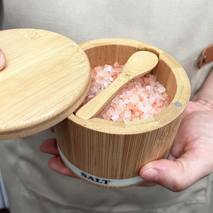 Salt Box Bamboo Salt Container with Swivel Lid and Spoon, Small Spice Cellar with Magnetic Seal - 8 oz Capacity