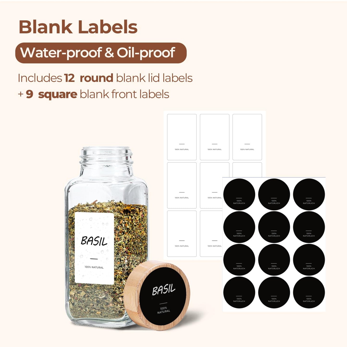 ComSaf 8 oz 6Pcs Glass Spice Jars with Label, Empty Spice Containers with Bamboo Lids, Square Seasoning Containers Trial and Supplement Set, Small Seasoning Bottles for Salt, Herbs, Sugar, Pepper