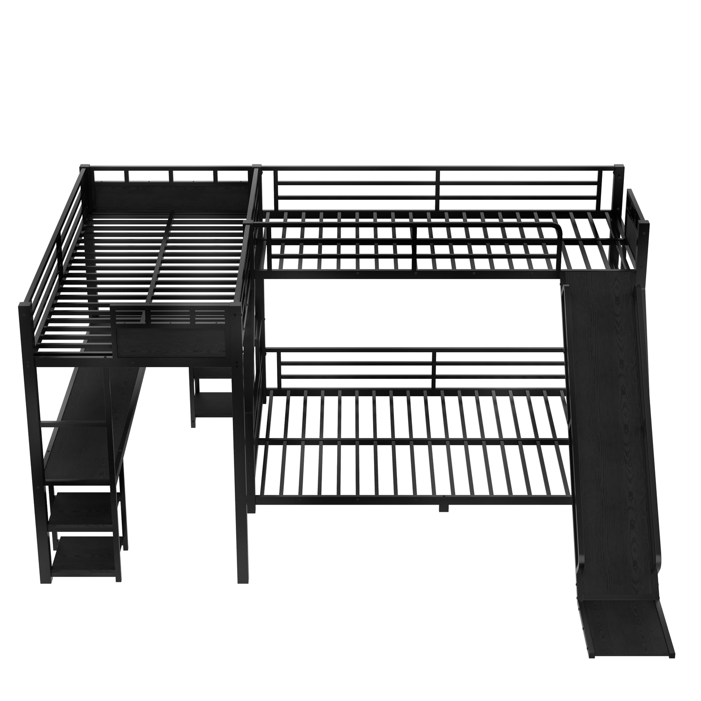 Metal Twin XL Over Queen Bunk Beds with Twin XL Loft Bed, Heavy Duty Triple Bunk Bed Frame with Slide and Desk,L-Shaped Triple Bunk Beds with Storage Shelves for 3 Kids,Black