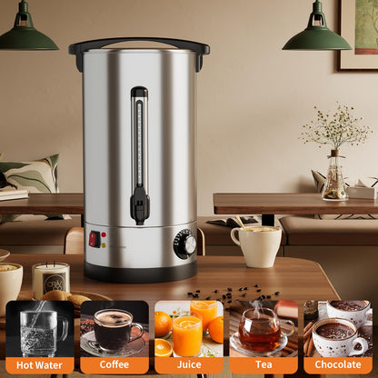 70-Cup Commercial Coffee Urn, 10L / 2.6Gal Double Wall Insulation Coffee Dispenser, Stainless Steel Large Hot Beverage Dispenser with Automatic Temperature Control & Faucet for Party Buffet, Silver