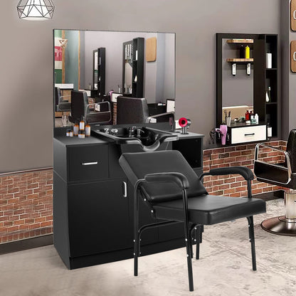 Artist hand Shampoo Bowls for Salons with Mirror, Shampoo Stations for Salons All in One Backwash Sink with USB, 110V Outlets, Hair Dryer Holes and P Trap, Salon Equipment