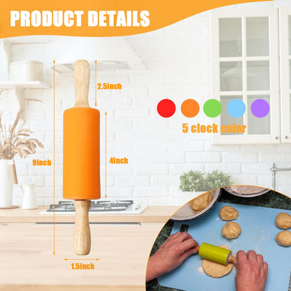 10Pcs 9 Inch Silicone Small Rolling Pin for Kids Wooden Rolling Pins for Baking Mini Silicone 5 Colors Wooden Handle Rolling Pin for Kitchen Cake Baking Cookie