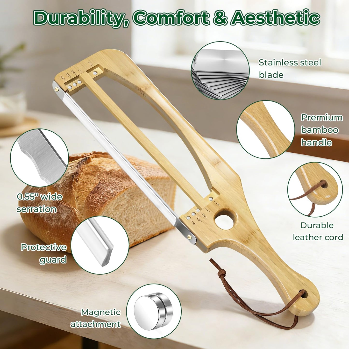 Adjustable Bread Slicer for Homemade Bread, 16.5'' Sourdough Bread Knife with Magnetic Adjustment Mechanism 5 Thickness Guides, Stainless Steel Serrated Bread Cutter for Bagels, Baguettes and More