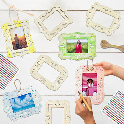 KitsyKraft DIY Wooden Photo Frame Craft Kit - 24 Pcs Unfinished Frames, 2 Rhinestone Sheets & 10m Twine for Personalized Home Decor