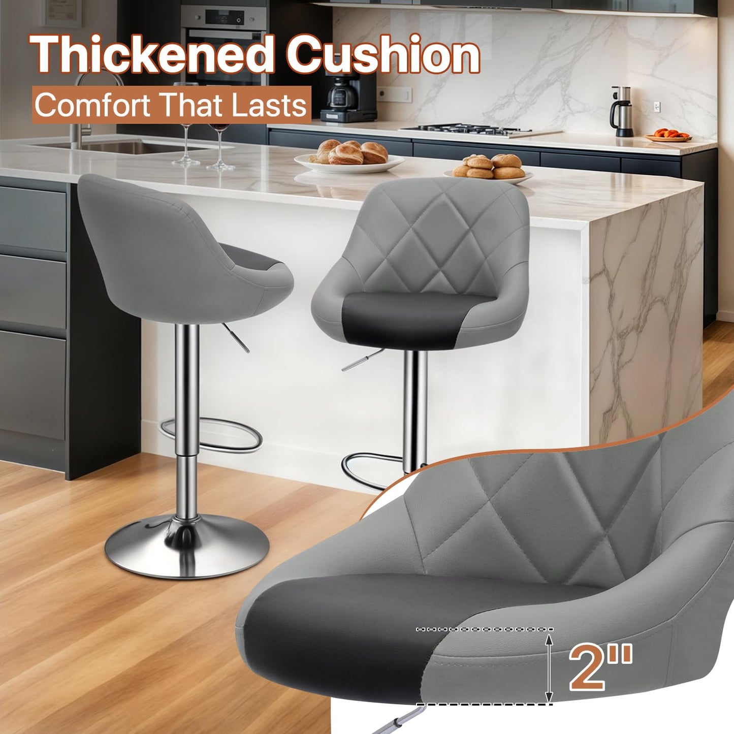Magshion Set of 4 PU Leather Bar Stools, Adjustable 360 Degree Swivel Backrest Footrest Barstool for Dining Counter Pub, Gray/Black