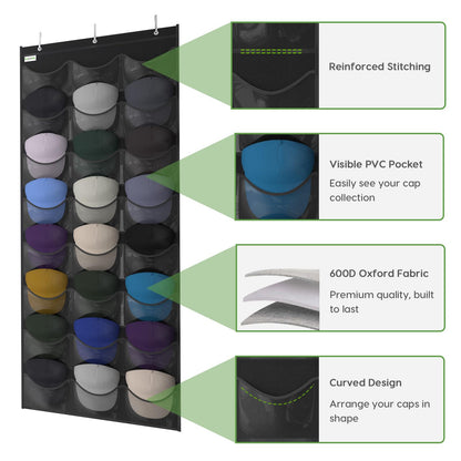 Unjumbly Baseball Hat Rack, 24 Pocket Over-The-Door Hat Organizer with Clear Deep Pockets to Display Baseball Caps Collection, Complete with 3 Over Door Hooks (Black, 24 Pockets)