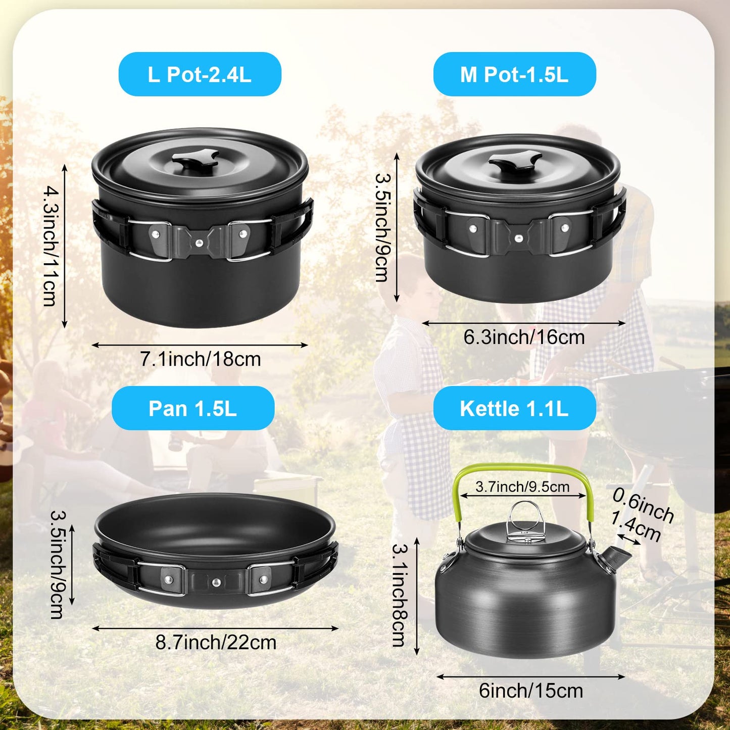 Gejoy 42 Pcs Camping Cookware Mess Kit, Non Stick Lightweight Pots Pan Kettle, Collapsible Water Container and Bucket, Stainless Steel Cups Plates Forks Knives Spoons for Outdoor Backpacking Picnic