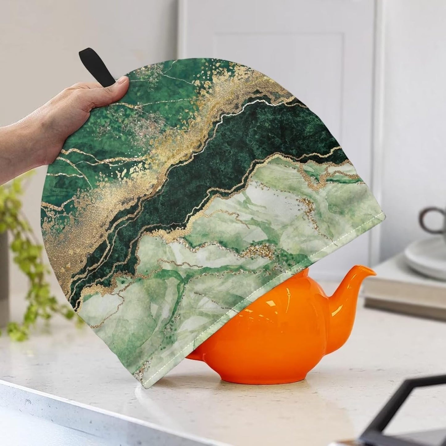 Teapot Cover Keep Warm, Large Double Insulated Tea Cozy, Fits Most Teapots, Kitchen Breakfast Warmer, Green Marble