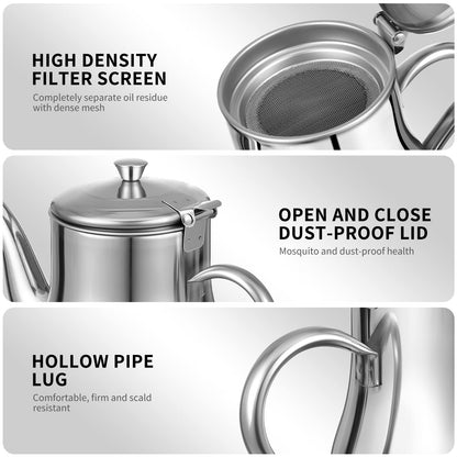 Yardwe Stainless Steel Oil Filter Pot 32Oz with Fine Mesh Strainer and Long Spout for Kitchen Oil Storage and Grease Container with Handle